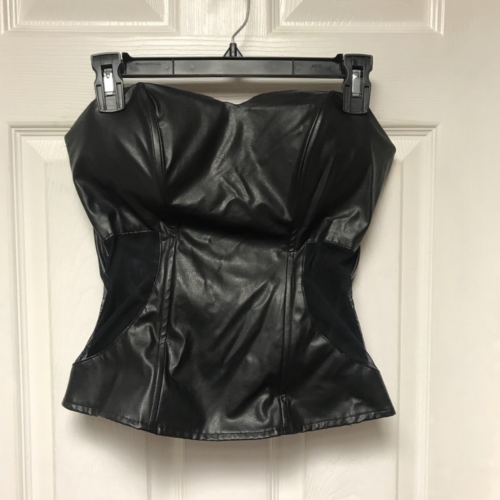 Black leather zip up corset with mesh sides